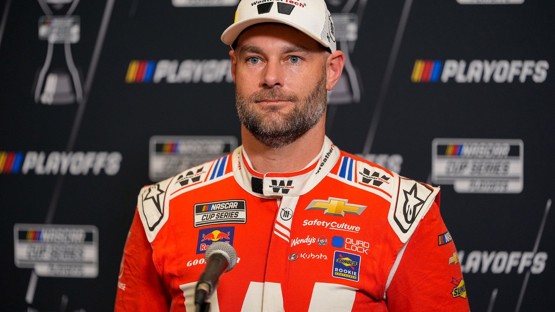 Aug 27, 2025; Charlotte, NC, USA; Shane van Gisbergen answers questions from the media during NASCAR Cup Series Playoff Media Day at Charlotte Convention Center