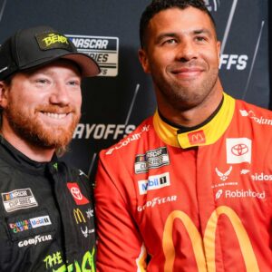 Aug 27, 2025; Charlotte, NC, USA; Tyler Reddick and Bubba Wallace during NASCAR Cup Series Playoff Media Day at Charlotte Convention Center