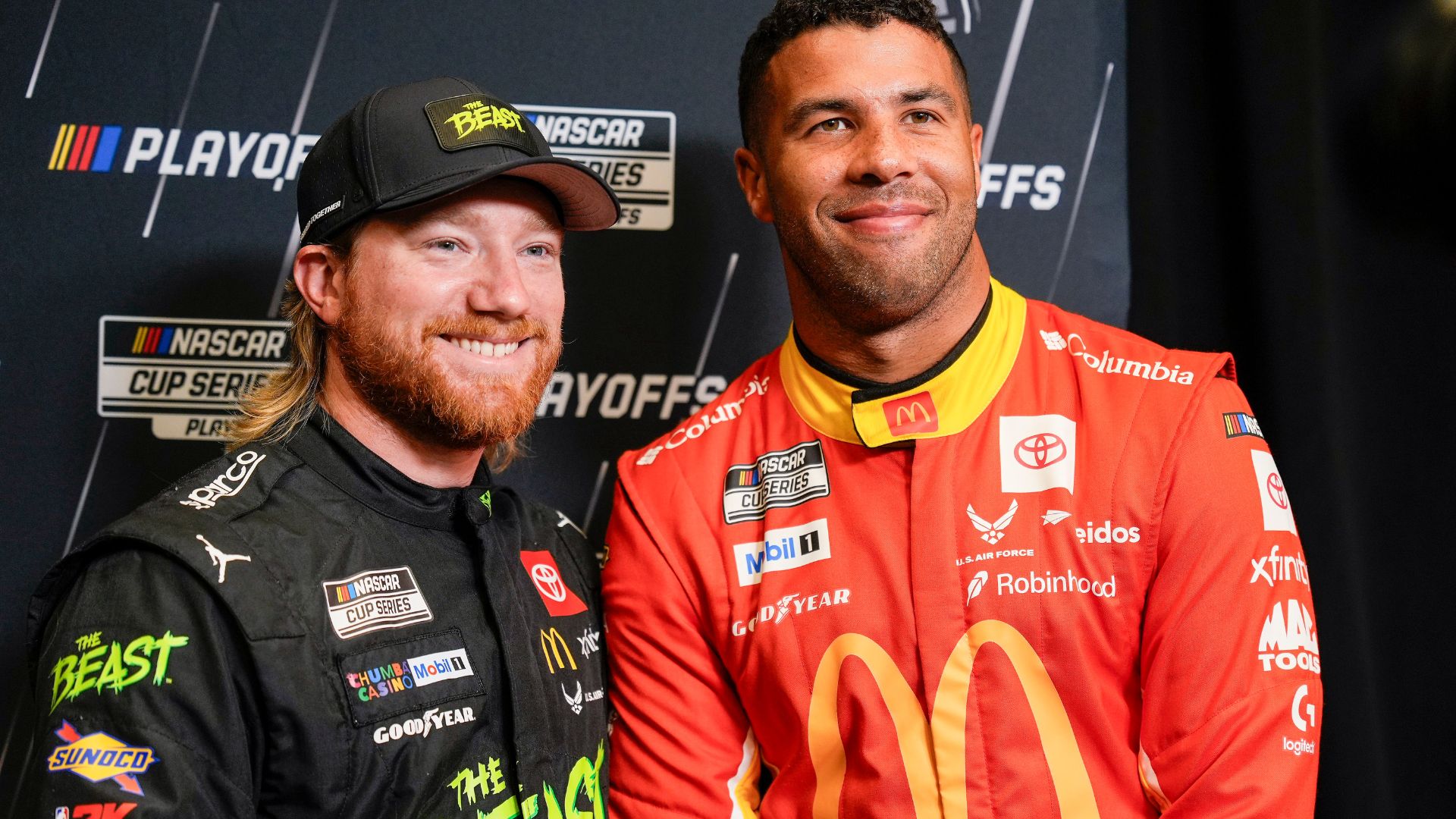 Aug 27, 2025; Charlotte, NC, USA; Tyler Reddick and Bubba Wallace during NASCAR Cup Series Playoff Media Day at Charlotte Convention Center