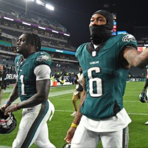 Philadelphia Eagles wide receiver A.J. Brown (11) and wide receiver DeVonta Smith (6) walk off the field after win against the Pittsburgh Steelers at Lincoln Financial Field.