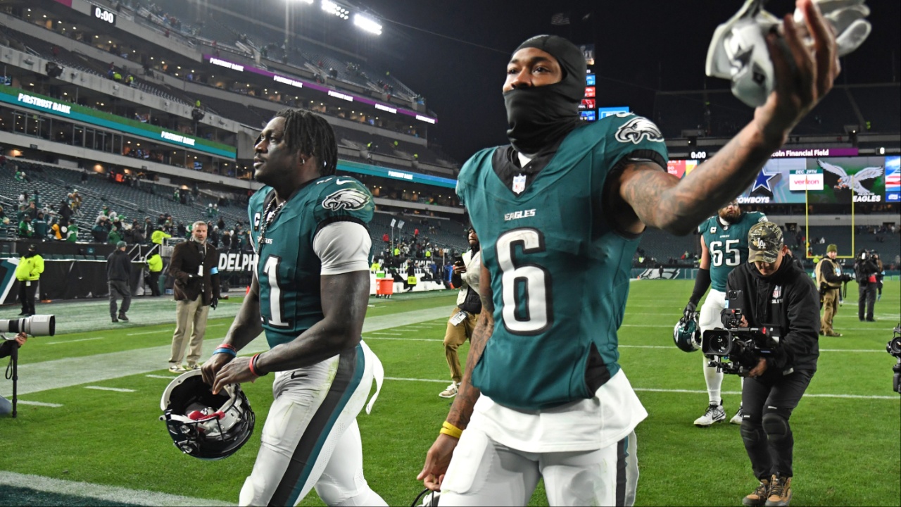 Philadelphia Eagles wide receiver A.J. Brown (11) and wide receiver DeVonta Smith (6) walk off the field after win against the Pittsburgh Steelers at Lincoln Financial Field.