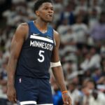 May 26, 2025; Minneapolis, Minnesota, USA;Minnesota Timberwolves guard Anthony Edwards (5) reacts against the Oklahoma City Thunder in the first half during game four of the western conference finals for the 2025 NBA Playoffs at Target Center.