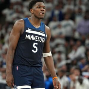 May 26, 2025; Minneapolis, Minnesota, USA;Minnesota Timberwolves guard Anthony Edwards (5) reacts against the Oklahoma City Thunder in the first half during game four of the western conference finals for the 2025 NBA Playoffs at Target Center.