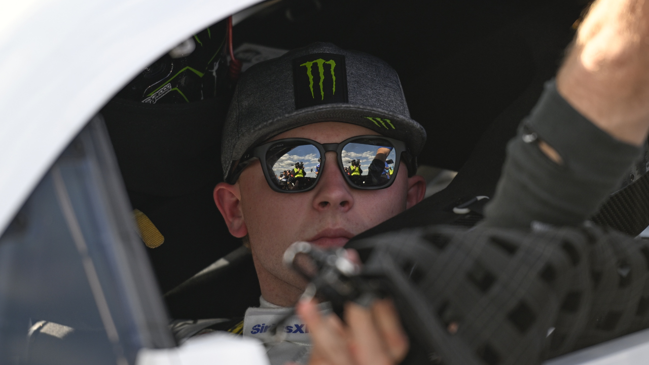 Sep 6, 2025; Madison, Illinois, USA; NASCAR Cup Series driver Ty Gibbs (54) looks on during practice and qualifying for the Enjoy Illinois 300 at World Wide Technology Raceway. Mandatory Credit: Joe Puetz-Imagn Images