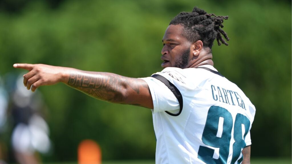 Philadelphia Eagles defensive tackle Jalen Carter (98) reacts during training camp at NovaCare Complex.