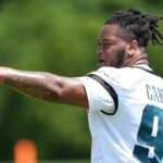 Philadelphia Eagles defensive tackle Jalen Carter (98) reacts during training camp at NovaCare Complex.