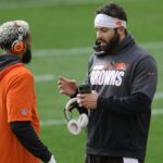 Cleveland Browns wide receiver Odell Beckham Jr. (left) and quarterback Baker Mayfield (right) talk on the field before playing the Pittsburgh Steelers at Heinz Field.