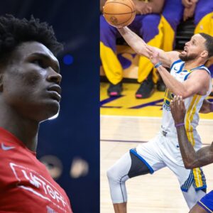 Amen Thompson (L), Stephen Curry and LeBron James (R)