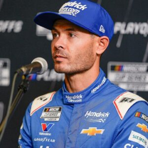 Kyle Larson answers questions from the media during NASCAR Cup Series Playoff Media Day at Charlotte Convention Center.