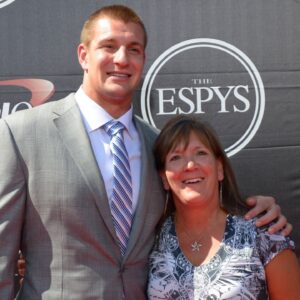 Rob Gronkowski and mom Robin arrive for the 2015 ESPY's award show at Nokia Theater.