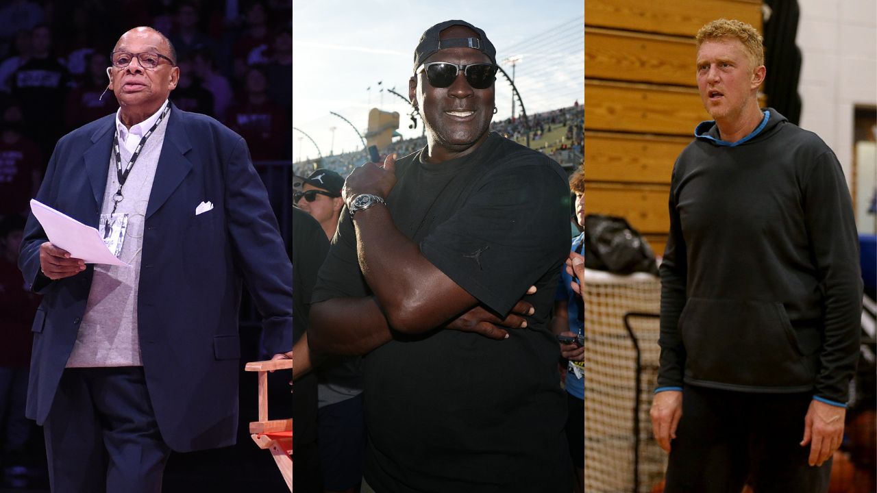 George Raveling(L), Michael Jordan(Center). and Brian Scalabrine(R)