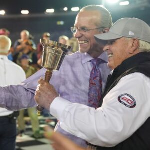 Former NASCAR Cup Series driver Kyle Petty takes a selfie in victory lane with car owner Rick Hendrick in victory lane after the Bass Pro Shops Night Race at Bristol Motor Speedway.