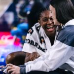 May 28, 2025; Washington, District of Columbia, USA; Indiana Fever forward Aliyah Boston (7) laughs with Indiana Fever guard Caitlin Clark (22) before the game against the Washington Mystics at Entertainment & Sports Arena