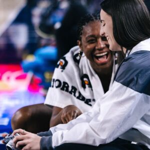 May 28, 2025; Washington, District of Columbia, USA; Indiana Fever forward Aliyah Boston (7) laughs with Indiana Fever guard Caitlin Clark (22) before the game against the Washington Mystics at Entertainment & Sports Arena