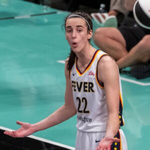 Indiana Fever guard Caitlin Clark (22) reacts during the second half against the New York Liberty at Barclays Center on Sunday