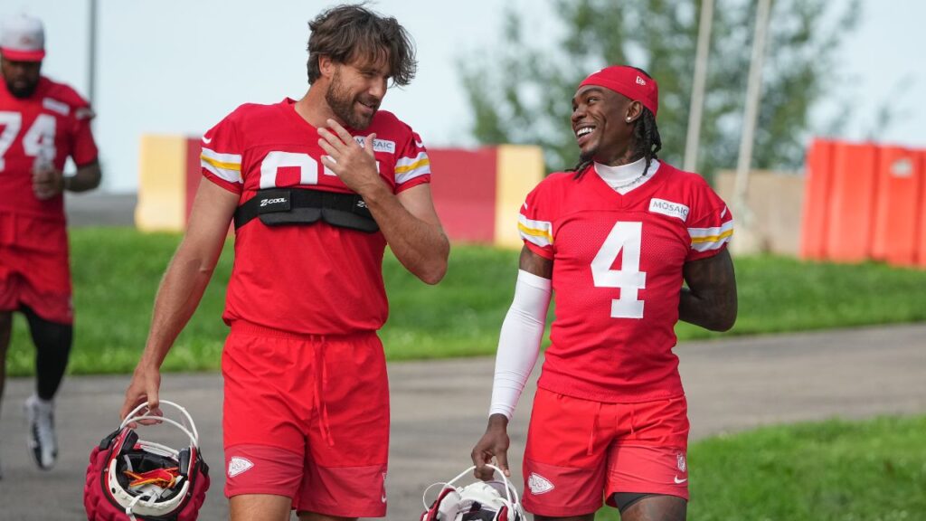 Kansas City Chiefs tight end Travis Kelce (87) and wide receiver Rashee Rice (4) walk down the hill to the fields prior to training camp at Missouri Western State University.