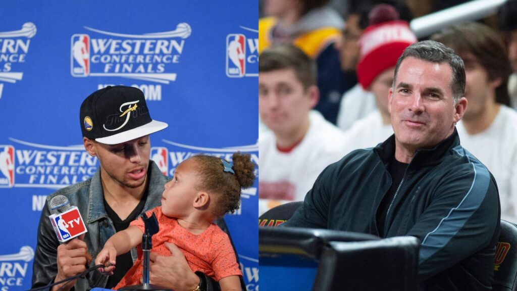 (L) Steph Curry with daughter Riley (R) Kevin Plank