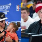 (L) Steph Curry with daughter Riley (R) Kevin Plank