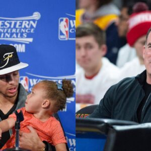 (L) Steph Curry with daughter Riley (R) Kevin Plank
