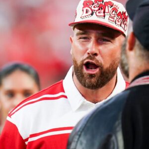 Kansas City Chiefs tight end Travis Kelce appears at the Kansas City Classic season opening game between the Cincinnati Bearcats and Nebraska Cornhuskers, Thursday, Aug. 28, 2025, at Arrowhead Stadium in Kansas City, Mo.