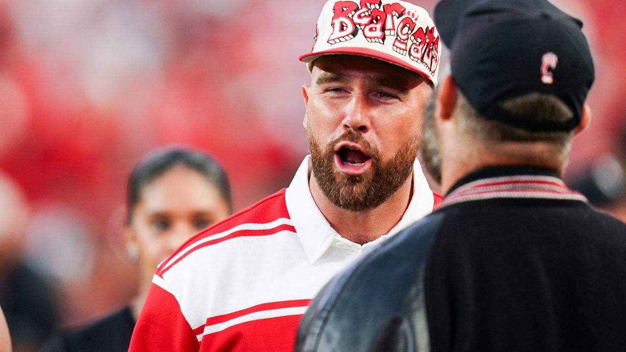 Kansas City Chiefs tight end Travis Kelce appears at the Kansas City Classic season opening game between the Cincinnati Bearcats and Nebraska Cornhuskers, Thursday, Aug. 28, 2025, at Arrowhead Stadium in Kansas City, Mo.