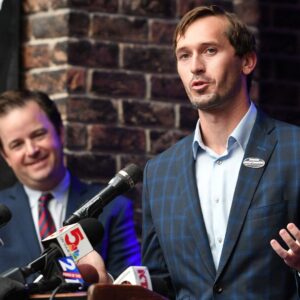 ST LOUIS, MO - SEPTEMBER 15: NASCAR, Motorsport, USA Vice President Ben Kennedy addresses the crowd during the press conference