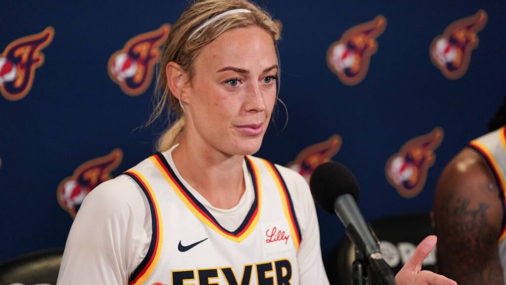 Indiana Fever guard Sophie Cunningham (8) during the postgame press conference