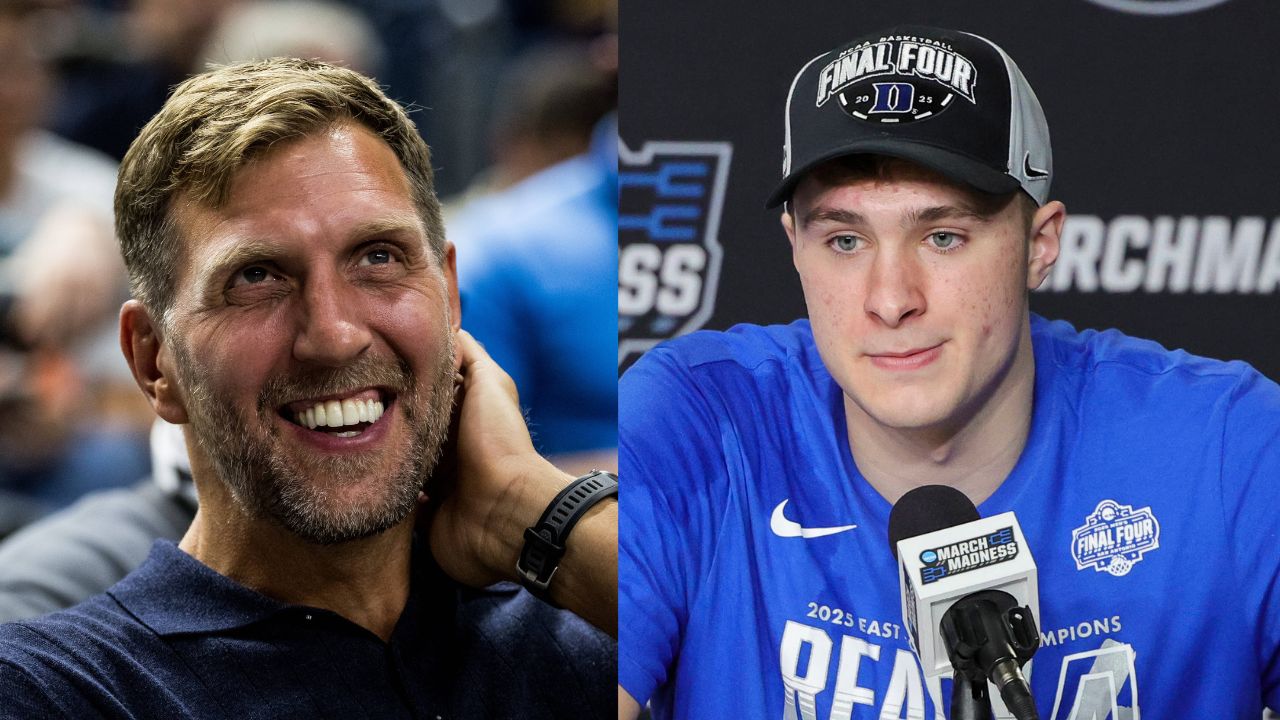 Dirk Nowitzki (L), Cooper Flagg (R)