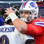 Dec 8, 2019; Orchard Park, NY, USA; Baltimore Ravens quarterback Lamar Jackson (8) and Buffalo Bills quarterback Josh Allen (17) embrace following the game at New Era Field.
