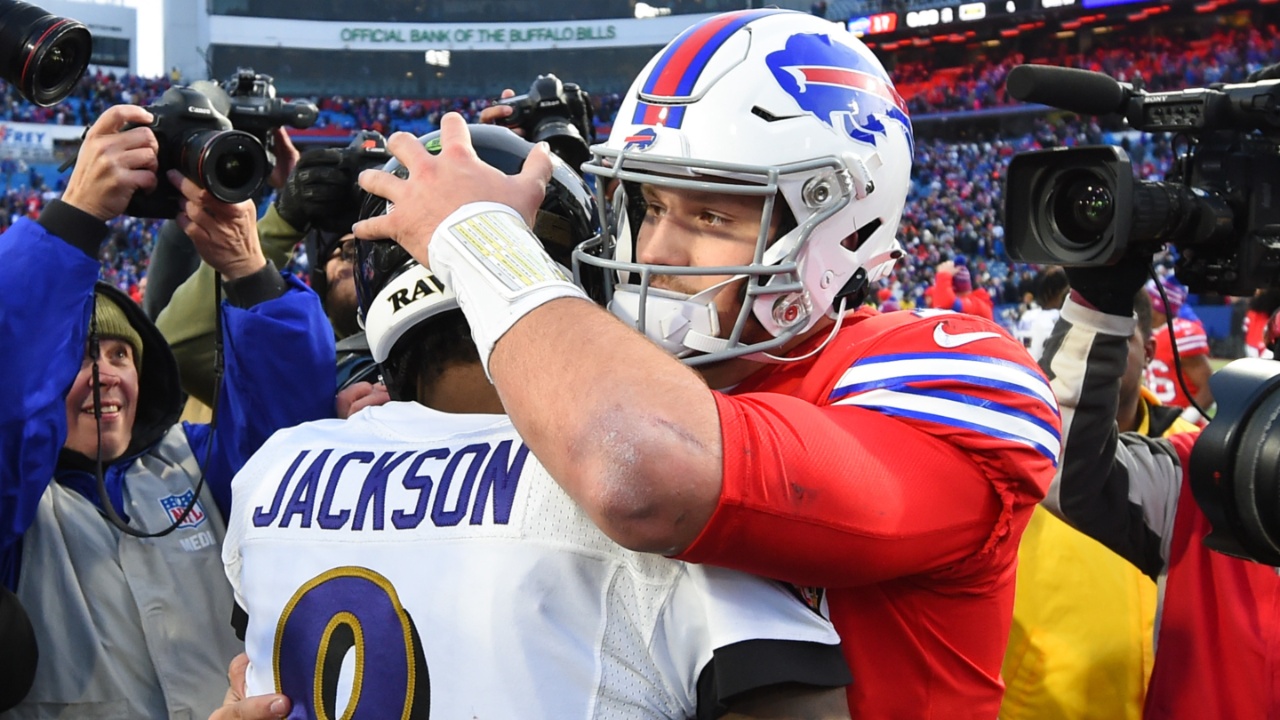 Dec 8, 2019; Orchard Park, NY, USA; Baltimore Ravens quarterback Lamar Jackson (8) and Buffalo Bills quarterback Josh Allen (17) embrace following the game at New Era Field.
