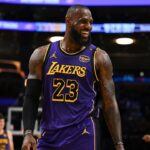 Los Angeles Lakers forward LeBron James (23) reacts against the Phoenix Suns during the second half at Crypto.com Arena.