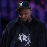 May 23, 2025; Los Angeles, California, USA; Kevin Durant attends the game between the Golden State Valkyries and the LA Sparks at Crypto.com Arena.