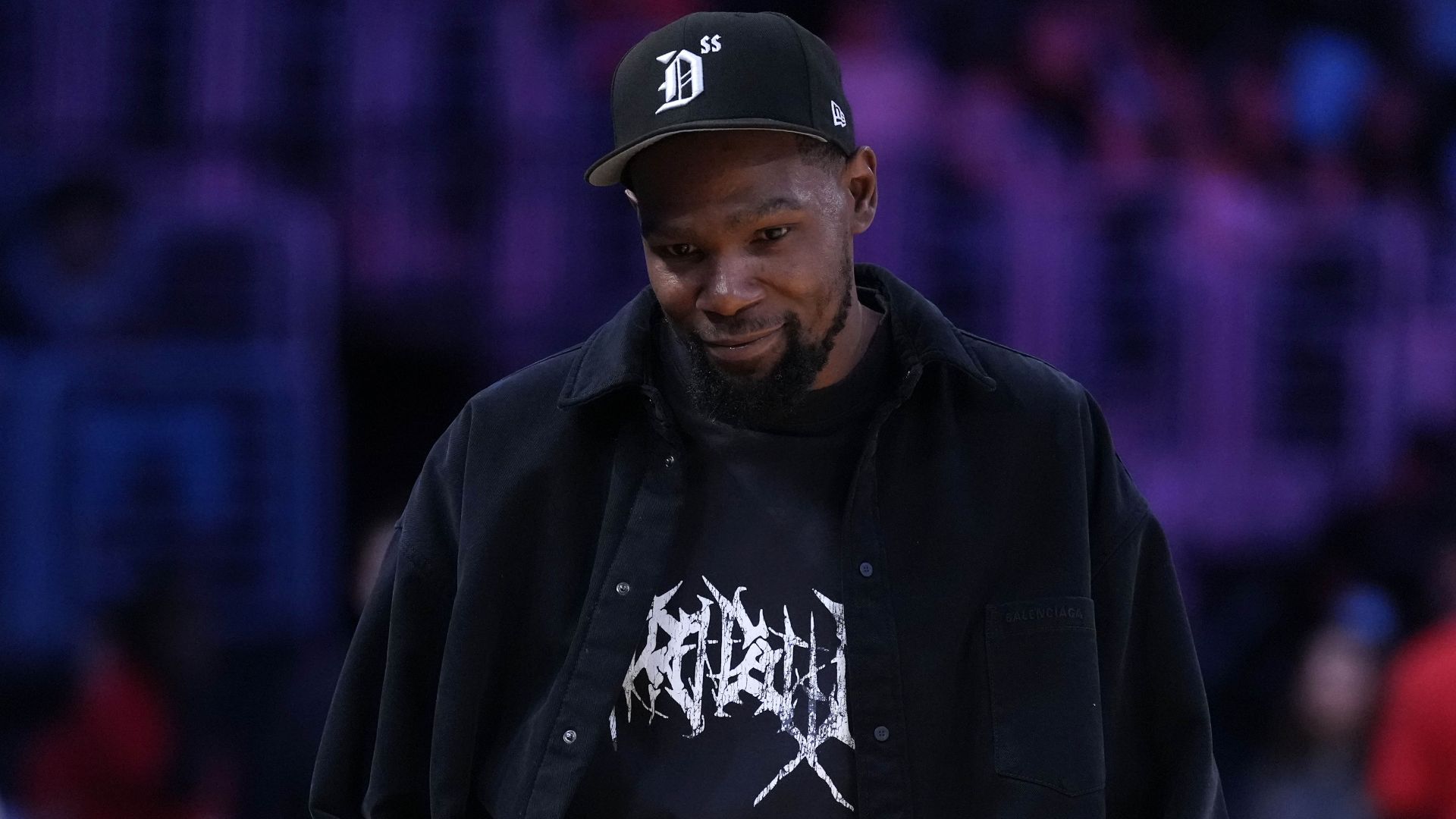 May 23, 2025; Los Angeles, California, USA; Kevin Durant attends the game between the Golden State Valkyries and the LA Sparks at Crypto.com Arena.