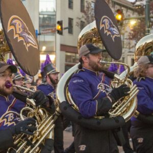 Baltimore’s Marching Ravens band in the 2024 Alsatia Club Mummers Parade.