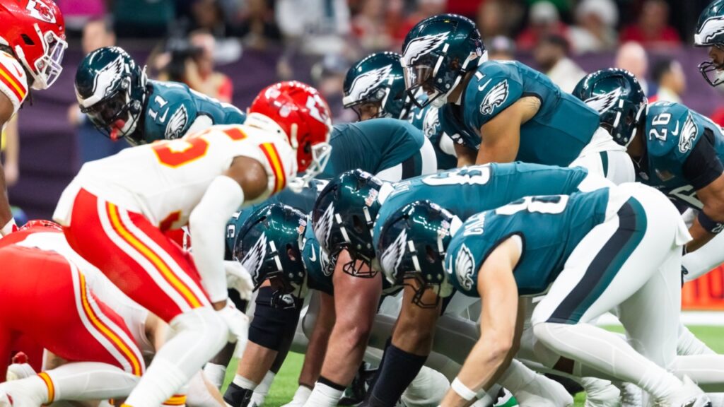 Philadelphia Eagles quarterback Jalen Hurts (1) lines up for the tush push play on the goal line against the Kansas City Chiefs during Super Bowl LIX at Ceasars Superdome.
