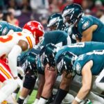 Philadelphia Eagles quarterback Jalen Hurts (1) lines up for the tush push play on the goal line against the Kansas City Chiefs during Super Bowl LIX at Ceasars Superdome.