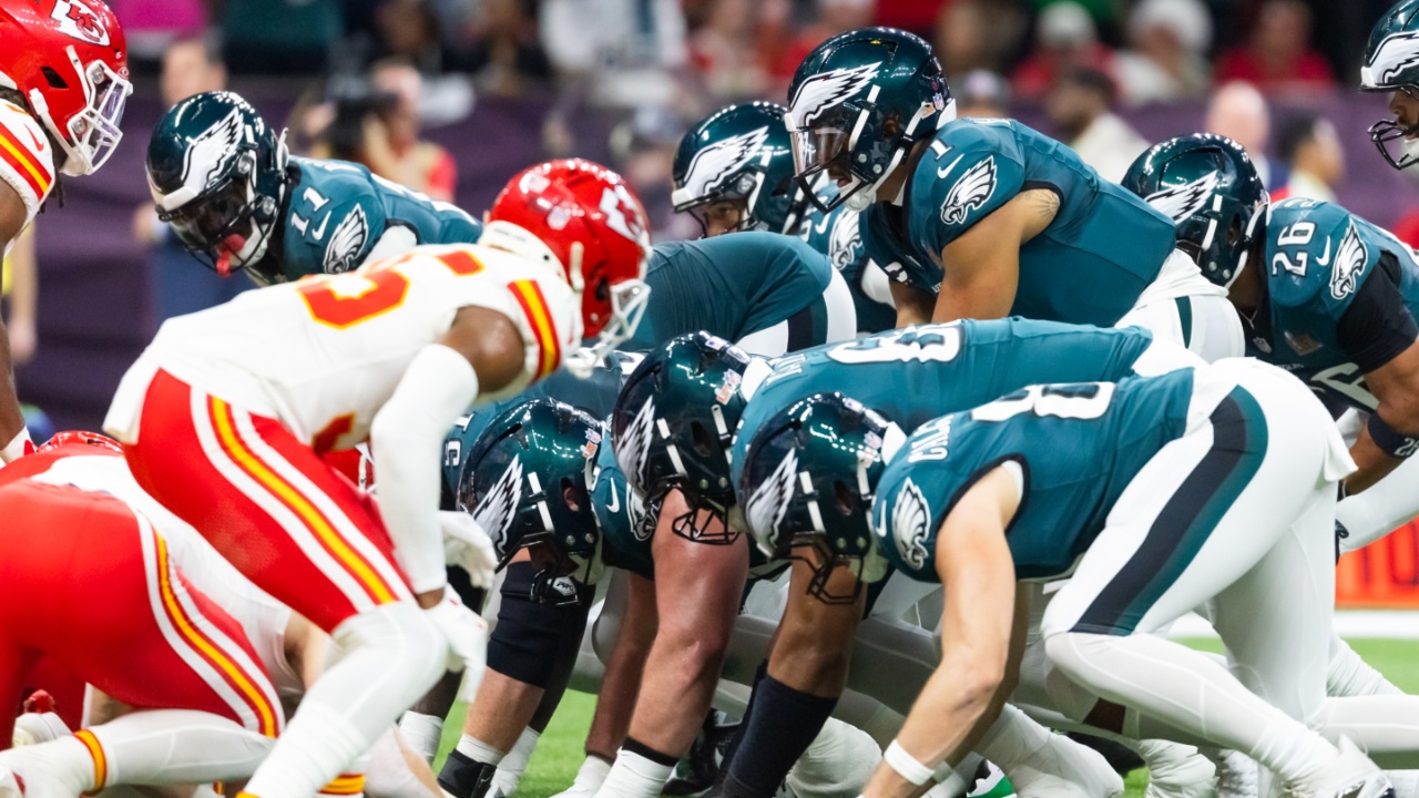Philadelphia Eagles quarterback Jalen Hurts (1) lines up for the tush push play on the goal line against the Kansas City Chiefs during Super Bowl LIX at Ceasars Superdome.