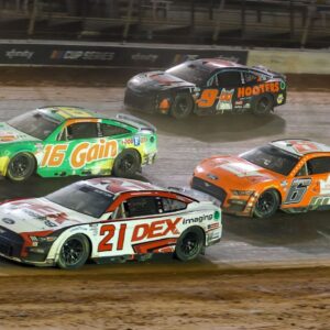 NASCAR Cup Series driver Harrison Burton (21) and driver AJ Allmendinger (16) and driver Josh Berry (9) and driver Brad Keselowski (6) at the Bristol Motor Speedway Dirt Course.