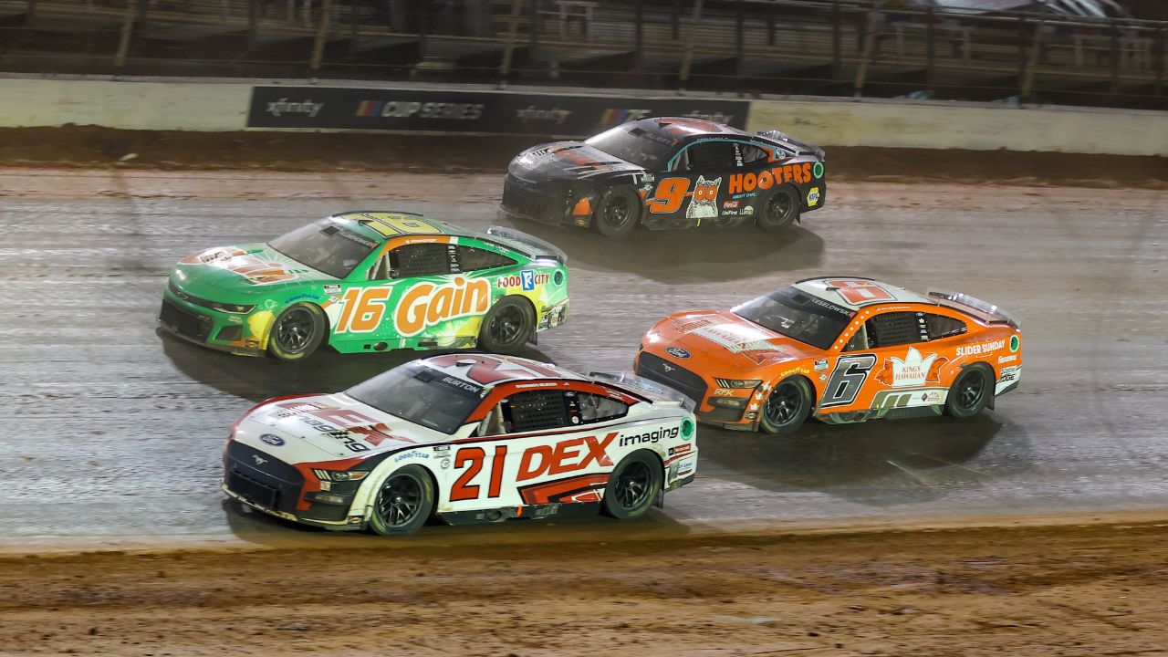 NASCAR Cup Series driver Harrison Burton (21) and driver AJ Allmendinger (16) and driver Josh Berry (9) and driver Brad Keselowski (6) at the Bristol Motor Speedway Dirt Course.