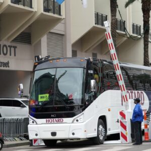 Kansas City Chiefs team buses leave the New Orleans Marriott prior to Super Bowl LIX.