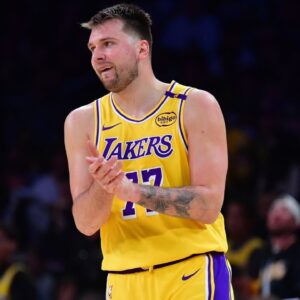 Los Angeles Lakers guard Luka Doncic (77) reacts during the second half in game five of first round for the 2025 NBA Playoffs at Crypto.com Arena.