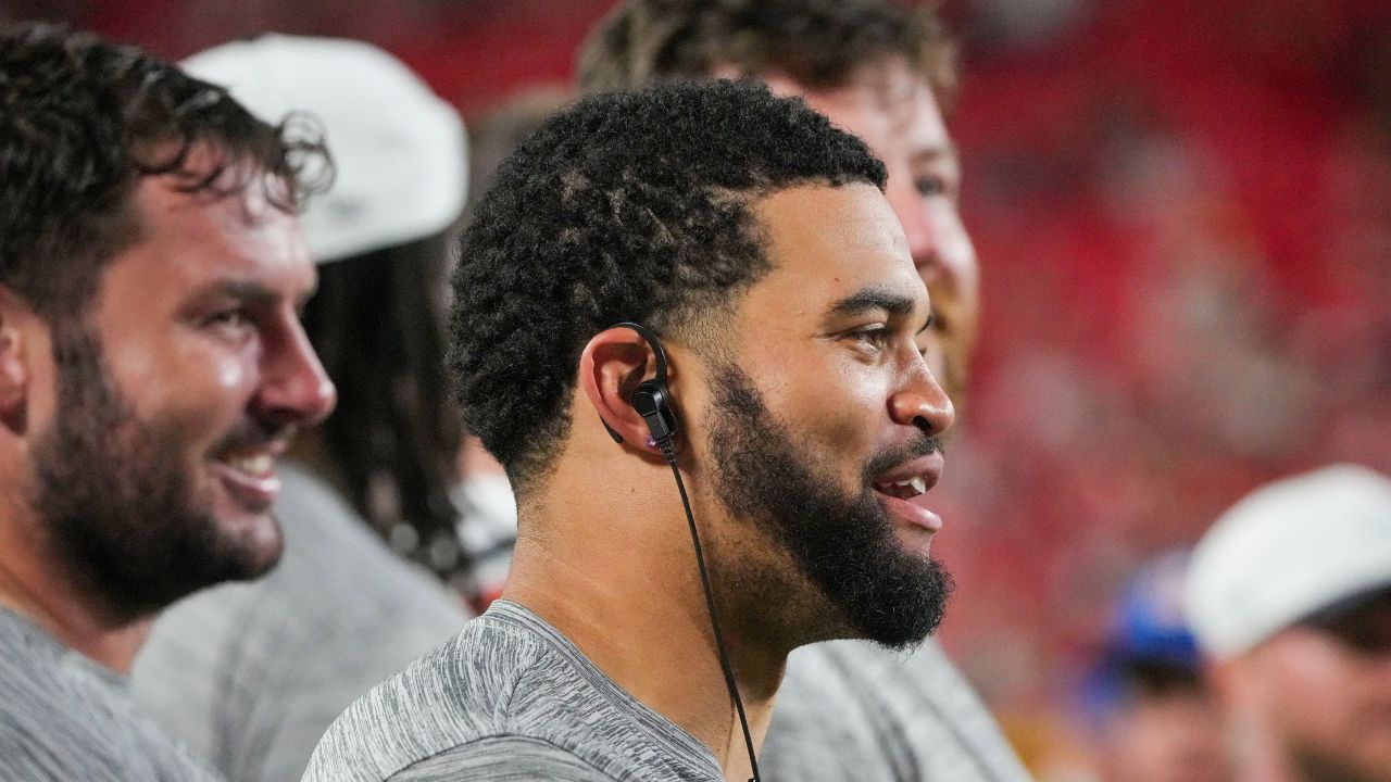 Chicago Bears quarterback Caleb Williams (18) on the sidelines against the Kansas City Chiefs during the second half of the game at GEHA Field at Arrowhead Stadium.