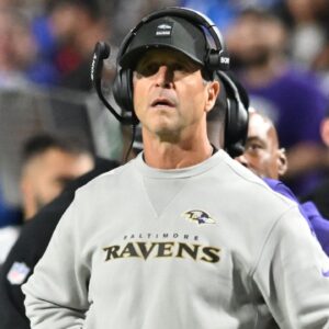 Baltimore Ravens head coach John Harbaugh looks on during the third quarter against the Buffalo Bills at Highmark Stadium.