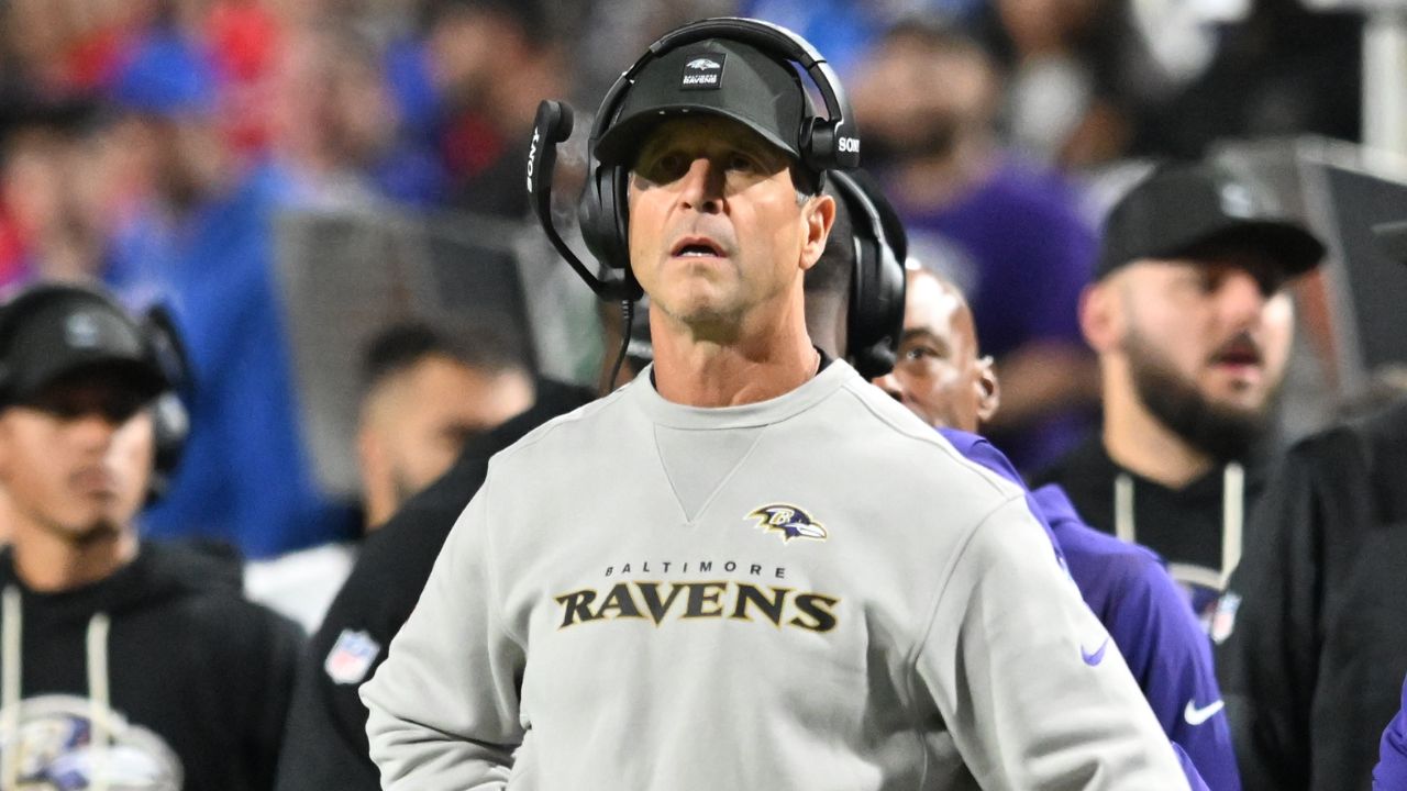Baltimore Ravens head coach John Harbaugh looks on during the third quarter against the Buffalo Bills at Highmark Stadium.
