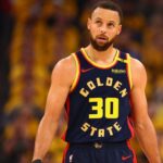 Golden State Warriors guard Stephen Curry (30) between plays against the Houston Rockets during the first quarter of game four of the 2025 NBA Playoffs first round at Chase Center.