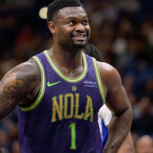 Mar 17, 2025; New Orleans, Louisiana, USA; New Orleans Pelicans forward Zion Williamson (1) reacts during the first half against the Detroit Pistons at Smoothie King Center.