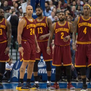 Jan 30, 2017; Dallas, TX, USA; Cleveland Cavaliers forward LeBron James (23) and forward Richard Jefferson (24) and center Tristan Thompson (13) and guard Kyrie Irving (2) and guard Iman Shumpert (4)