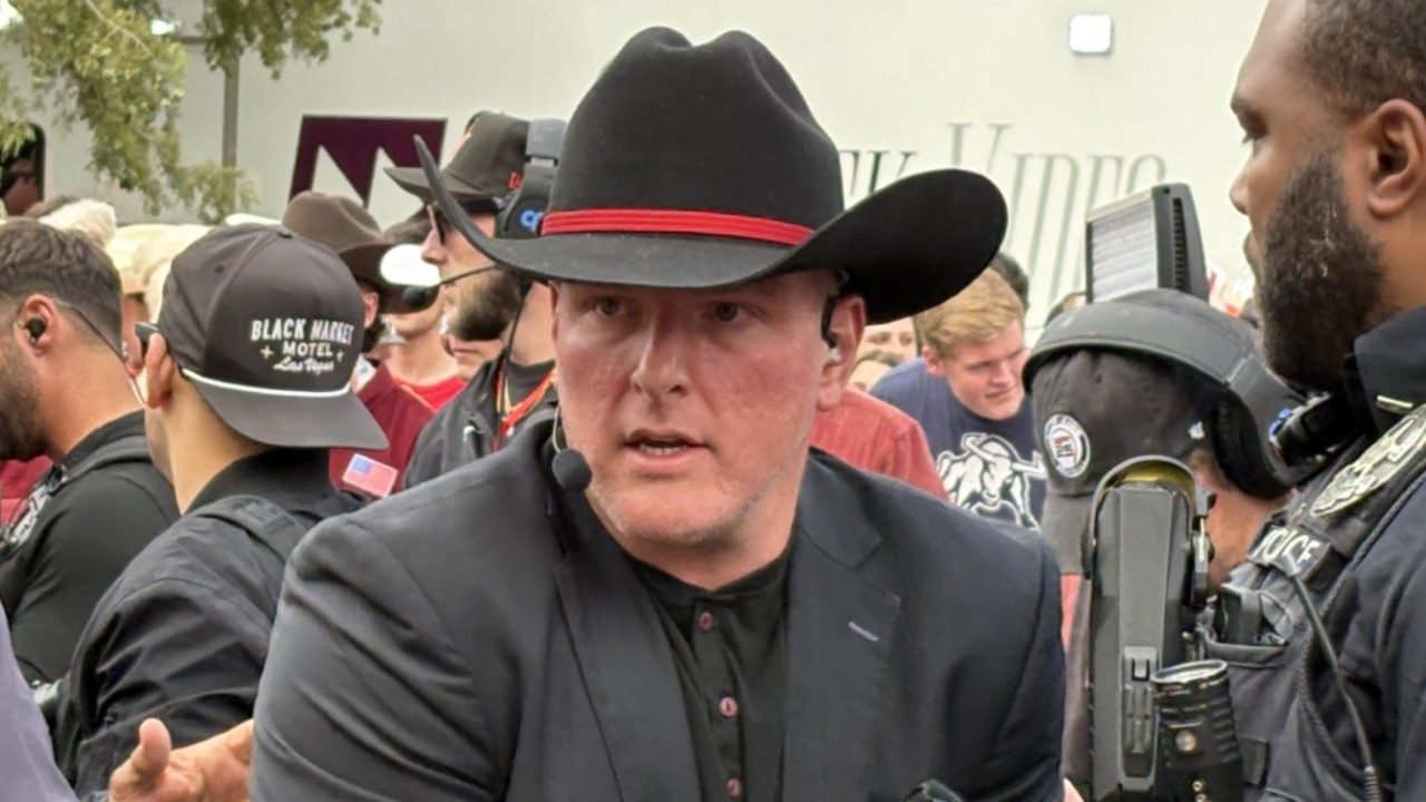 ESPN's Pat McAfee arrives on the set of College GameDay in Norman on Saturday.