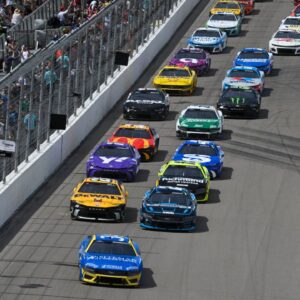 NASCAR Cup Series driver Michael McDowell (34) leads the field to start the NASCAR Enjoy Illinois 300 presented by TicketSmarter at World Wide Technology Raceway.