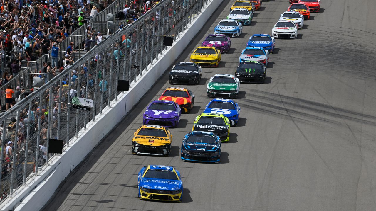 NASCAR Cup Series driver Michael McDowell (34) leads the field to start the NASCAR Enjoy Illinois 300 presented by TicketSmarter at World Wide Technology Raceway.